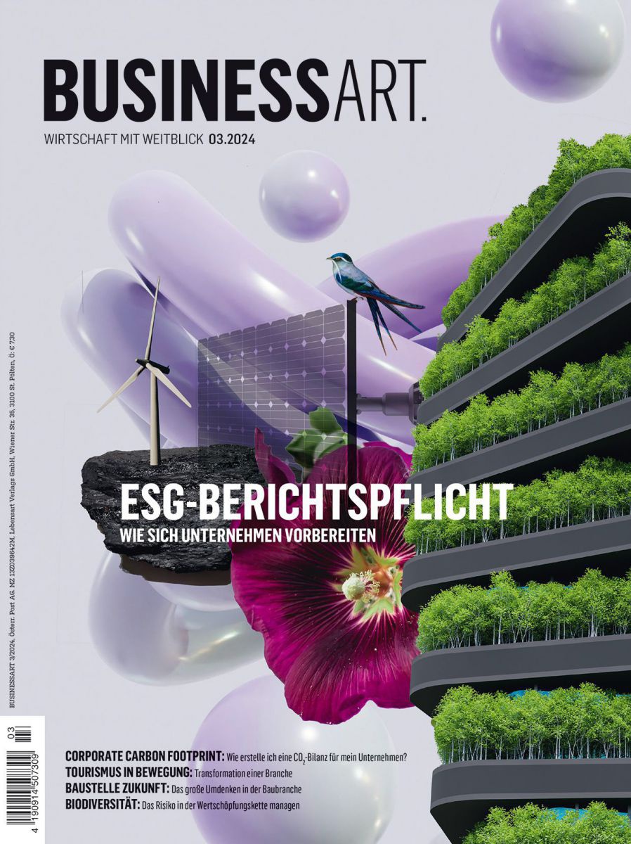 Cover der BUSINESSART Ausgabe 3/2024 mit dem Titel:
ESG Berichtspflicht - Wie sich Unternehmen vorbereiten
Das Cover zeigt auf lilafarbigem Hintergrund eine Collage aus Blumen, Bäumen auf Balkonen, ein Windrad, eine Solaranlage und einen Vogel. 